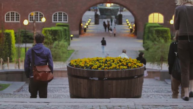 A large planter of yellow flowers decorates steps on a college campus as students walk past. Early evening with outdoor lighting illuminate to brighten walkways. People walking down stairs outside.