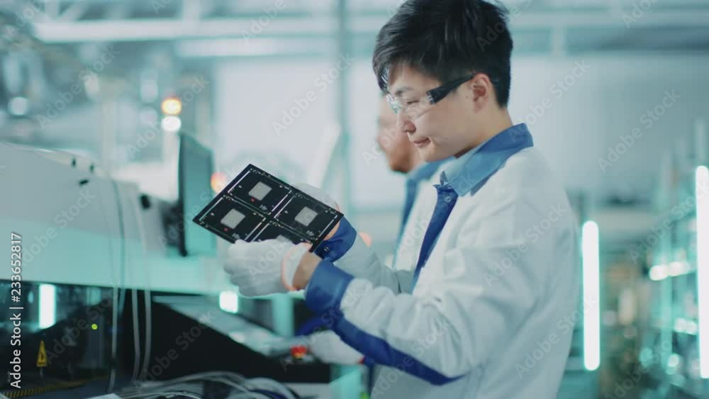 Poster high-tech factory: quality control engineer checks electronic printed circuit board it for damages. 