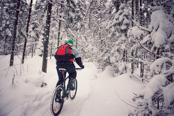 Rear view of man carrying backpack while riding bicycle in snow covered forest