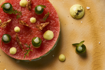 Fresh Beef tartare Steak with egg yolk, pistachios
