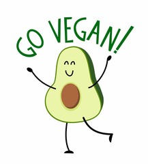 Cute avocado with lettering Go Vegan. Vector illustration in cartoon style