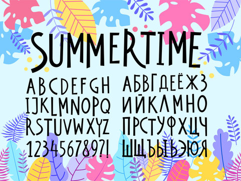 Vector Freestyle Hand Drawn Alphabet. Latin And Cyrillic Letters On Tropical Background