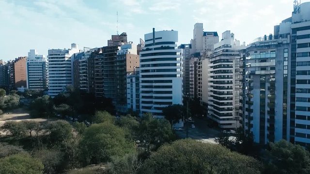 Low pass, drone flying over the buildings