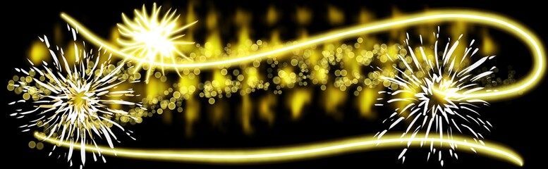 Happy New Year Neon Lights hand drawn header banner panorama with glitter bokeh snowflakes and bright lights background