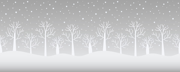Winter landscape. Seamless border. Christmas background. There are white trees on a gray background. Vector illustration