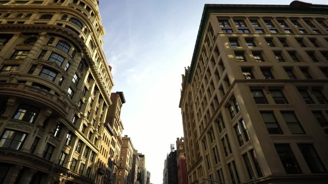 Moving drone shot of historic skyscrapers in soho NYC New York City Manhattan 