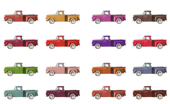 Oldtimer in verschiedenen Farben, freigestellt auf Weiss