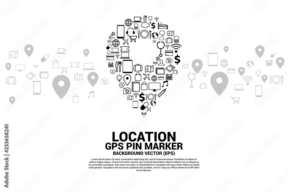 Poster location pin marker signage shaped with utility functional icon. gps pin location technology concept