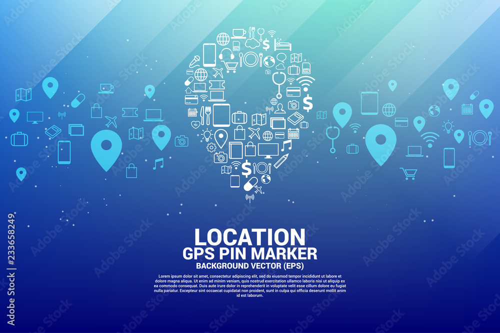 Aufkleber location pin marker signage shaped with utility functional icon. gps pin location technology concept