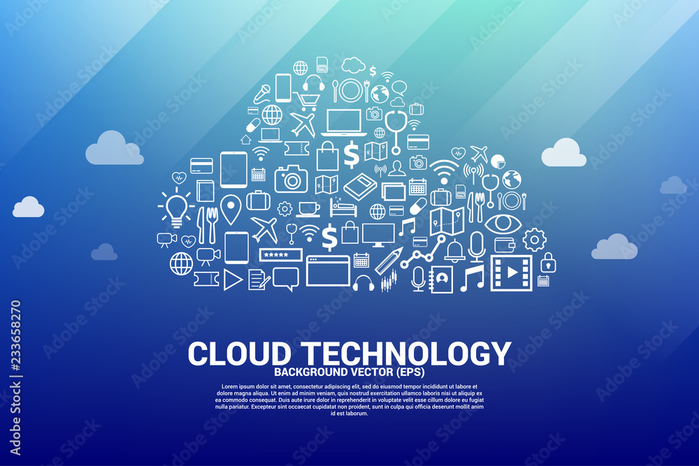 Poster Cloud computing network technology shaped with utility functional icon.Concept of cloud server, Storage and data