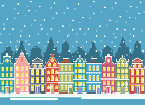 Vector illustration of winter city houses in christmas time. Winter urban landscape. Amsterdam houses, baner flat cartoon design. © Natalia