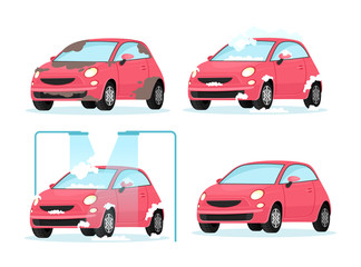 Vector illustration of washing dirty car process. Concept for car washing service on white background in flat cartoon style.