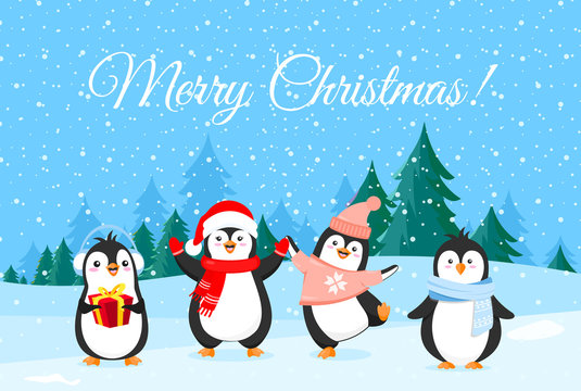 Vector illustration of cute penguins in Christmas clothes. Winter holidays banner, Merry Christmas greetings. Happy and funny penguins on winter forest background.