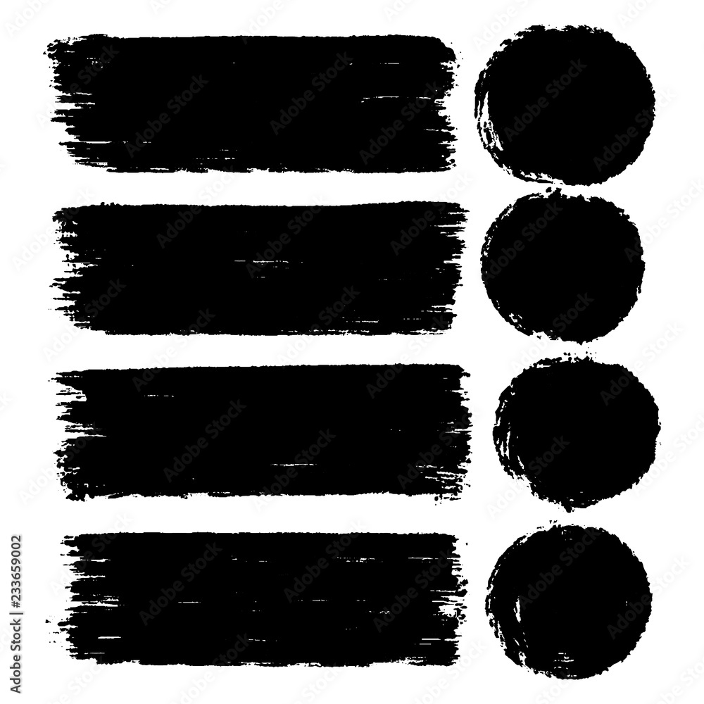 Poster vector set of hand drawn brush strokes in rectangular and round shape for backdrops. monochromw arti