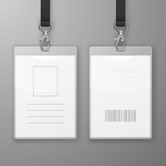 Two Vector Realistic Blank Office Graphic Id Cards with Clasp and Lanyard Closeup Isolated. Front and Back Side. Design Template of Identification Card for Mockup. Identity Card Mock-up in Top View