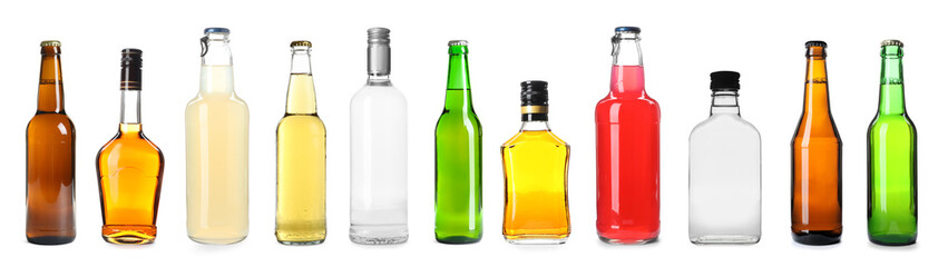 Set of bottles with different drinks on white background