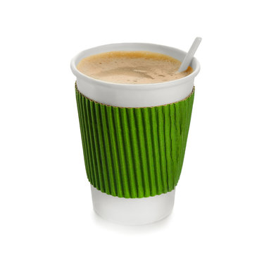 Aromatic Coffee In Takeaway Paper Cup With Cardboard Sleeve On White Background