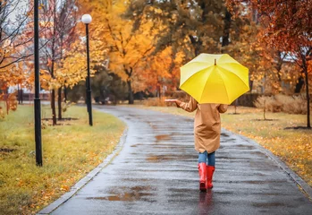 Poster Woman with umbrella taking walk in autumn park on rainy day © New Africa