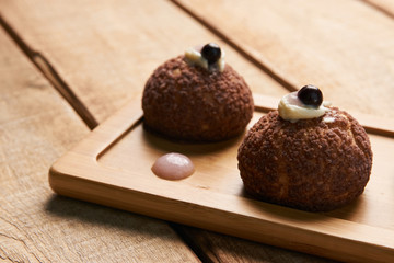 Cake Brioche shu cream chantilly, eclair. Sweet breakfast desser