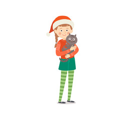 Little girl in traditional Christmas clothes with cute cat smiling. Child and pet Christmas portrait. Cartoon vector hand drawn illustration isolated on white background in a flat style.