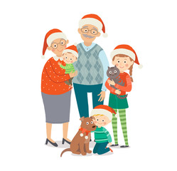 Grandfather and grandmother with three grandchildren in red Christmas hat. Christmas family portrait. Cartoon vector hand drawn eps 10 children illustration isolated on white background.