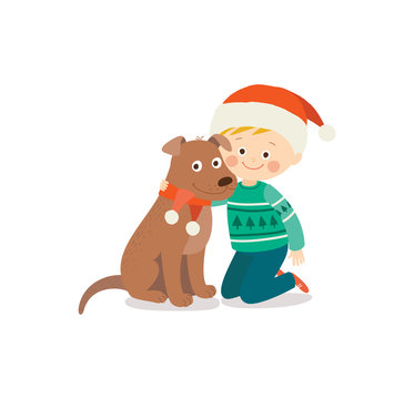 Happy child and dog on Christmas eve. Kid and pet dressed in Santa hat. Child having fun with puppy at home. Cartoon vector hand drawn illustration isolated on white background in a flat style.