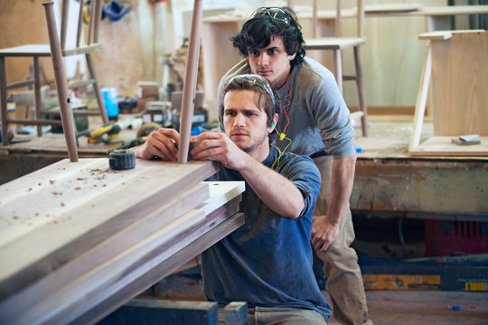 Male carpenters examining wooden planks in workshop