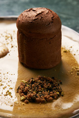 Fondant cake Dessert and pistachio ice cream with English cream