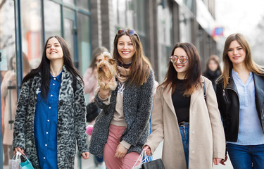 Group of happy friends shopping together.