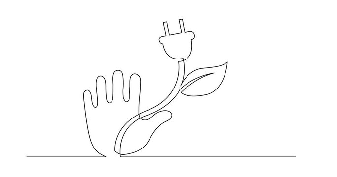 Self Drawing Line Animation of continuous line concept sketch drawing of human hand with electical renewal energy plug plant