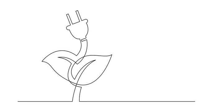 Self Drawing Line Animation of continuous line concept sketch drawing of electical renewal energy plug as plant