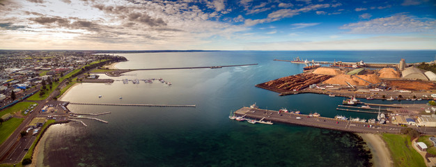 Aerial drone panoramic shot of Port of Portland.