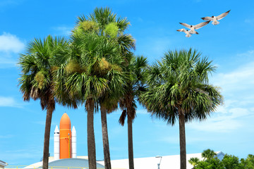 Kennedy space center entrance with space rocket and palm trees over blue sky and flying seagulls in Florida, USA
