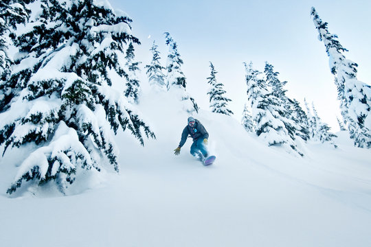 Man snowboarding amidst trees on snowcapped mountain