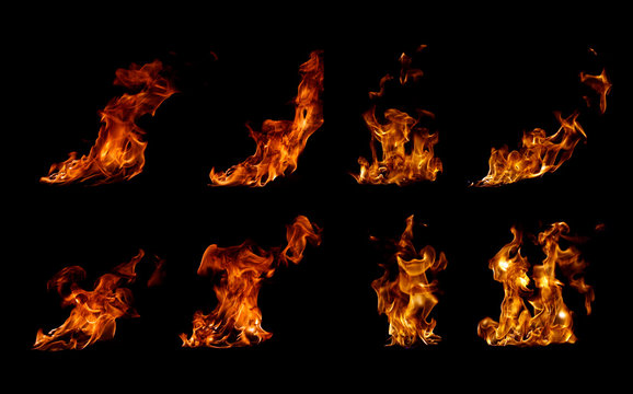 Collection fire flames on black background