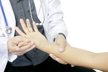 Obraz premium Trigger point. Doctor medical examination of the patient's wrist. Have muscle pain, sting of hands and fingers. Causes of office syndrome and lock fingers.Health and Bone Health Concepts