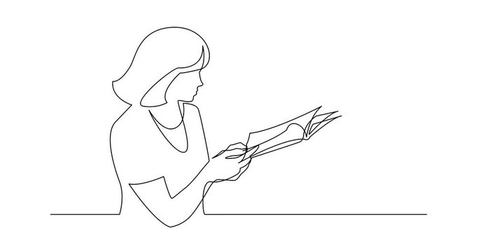 Self Drawing Line Animation of continuous line drawing of woman reading printed magazine