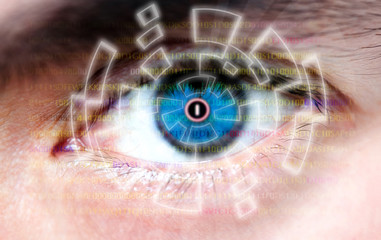 Image closeup of man eye of the  future screen scanning code cyber .Concept technology eye