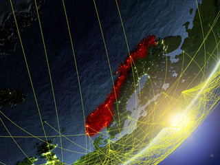 Norway on model of planet Earth with network during sunrise. Concept of new technology, communication and travel.