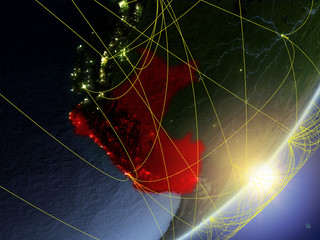 Peru on model of planet Earth with network during sunrise. Concept of new technology, communication and travel.