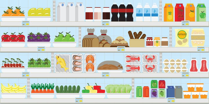 Supermarket shelves with food and drinks.