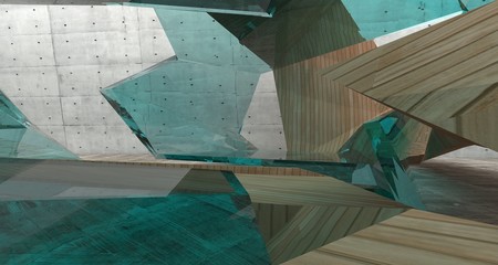 Abstract  concrete and wood interior  with window. 3D illustration and rendering.