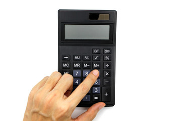 Hand use calculator isolated on white background