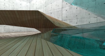 Abstract  concrete and wood interior  with window. 3D illustration and rendering.