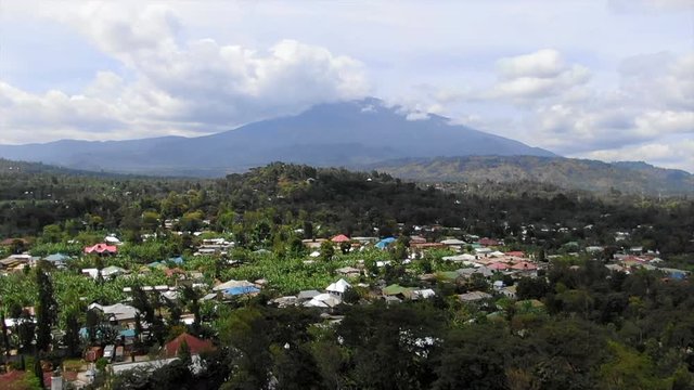 Aerial View Flying Over a Forested Rural Village in Tanzania