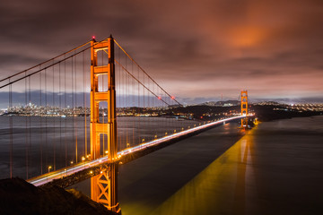 Night view of Golden Gate Bridge connecting San Francisco and the Marin Headlands, California; long...
