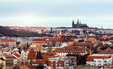 Obraz premium Top view to red roofs skyline of Prague city , Czech republic in the morning