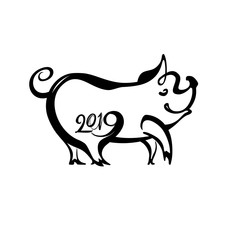 Year of the Pig 2019. Black template 2019 with a outline silhouette of a pig. Flat pattern isolated on white background. Vector illustration.