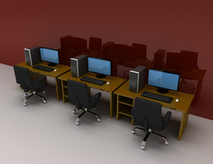 Group of Computers with table . 3D RENDERED ILLUSTRATION