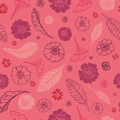 Lush, modern botanical floral with pink, violet, red and magenta flowers and leaves. Seamless vector pattern, perfect for textiles, invitations, fashion, cards, stationery and graphic design uses.
